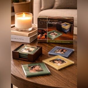Sarah Peyton Home Glass Photo Coasters Set | Wood Holder | NIB